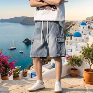 Vintage Blue Men's Denim Shorts Summer New Large Pocket Loose Wide Leg Cargo Jeans Knee Length Elastic Waist Casual Shorts