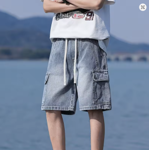 Vintage Blue Men's Denim Shorts Summer New Large Pocket Loose Wide Leg Cargo Jeans Knee Length Elastic Waist Casual Shorts
