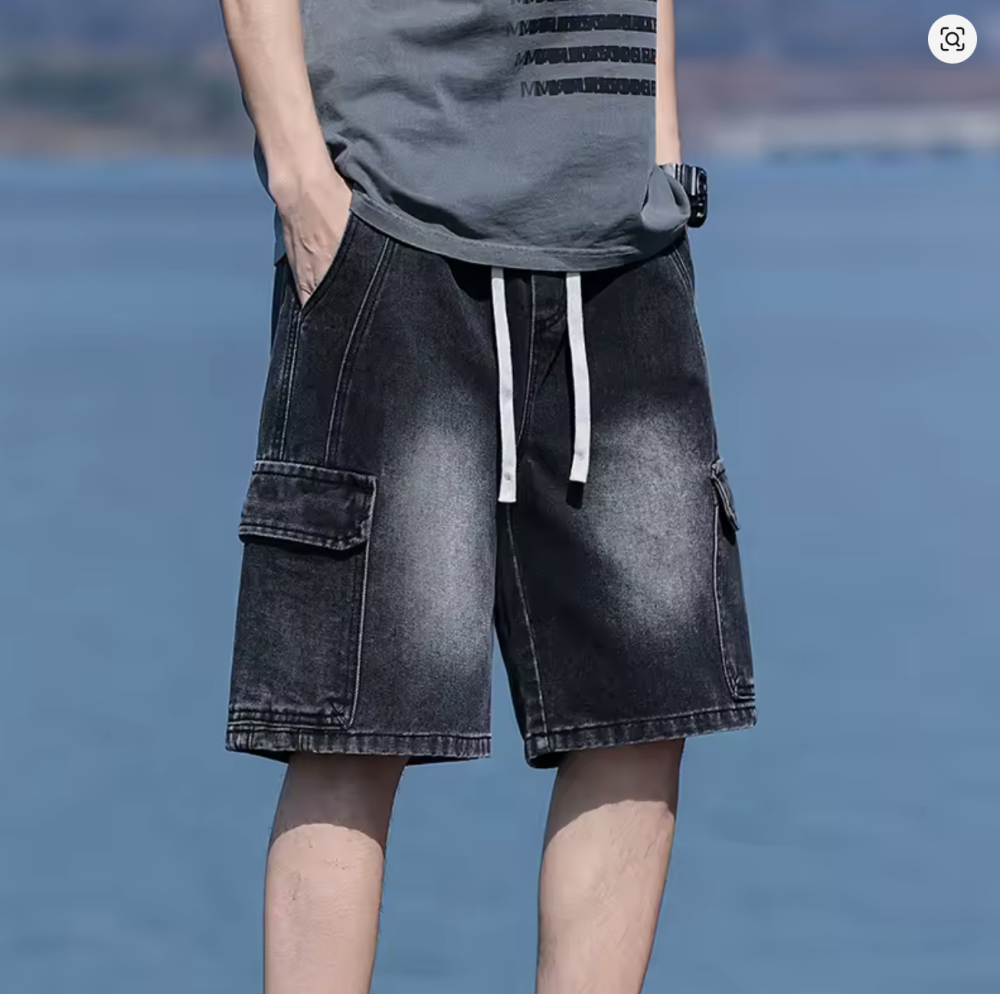 Vintage Blue Men's Denim Shorts Summer New Large Pocket Loose Wide Leg Cargo Jeans Knee Length Elastic Waist Casual Shorts