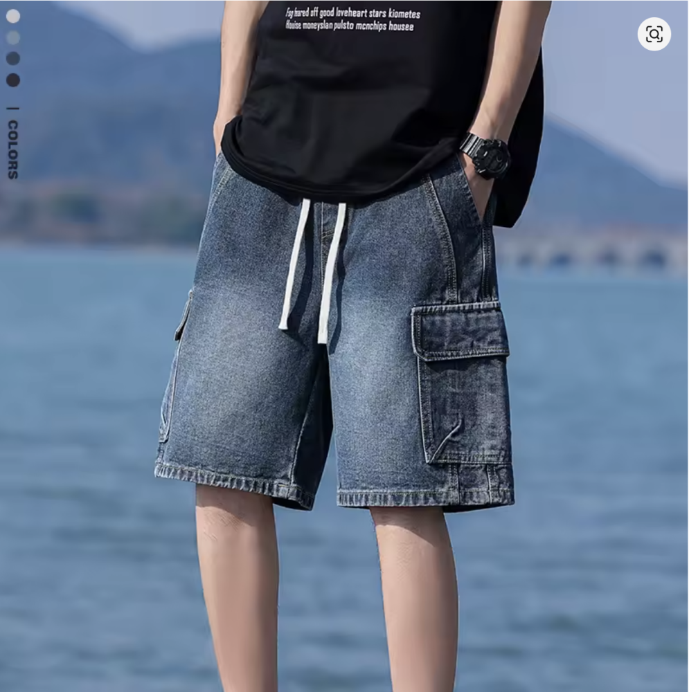 Vintage Blue Men's Denim Shorts Summer New Large Pocket Loose Wide Leg Cargo Jeans Knee Length Elastic Waist Casual Shorts