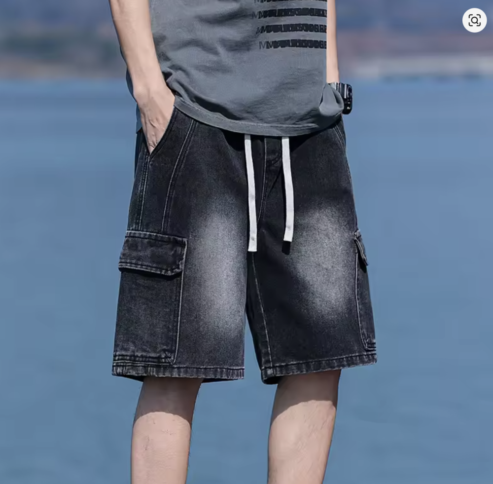 Vintage Blue Men's Denim Shorts Summer New Large Pocket Loose Wide Leg Cargo Jeans Knee Length Elastic Waist Casual Shorts