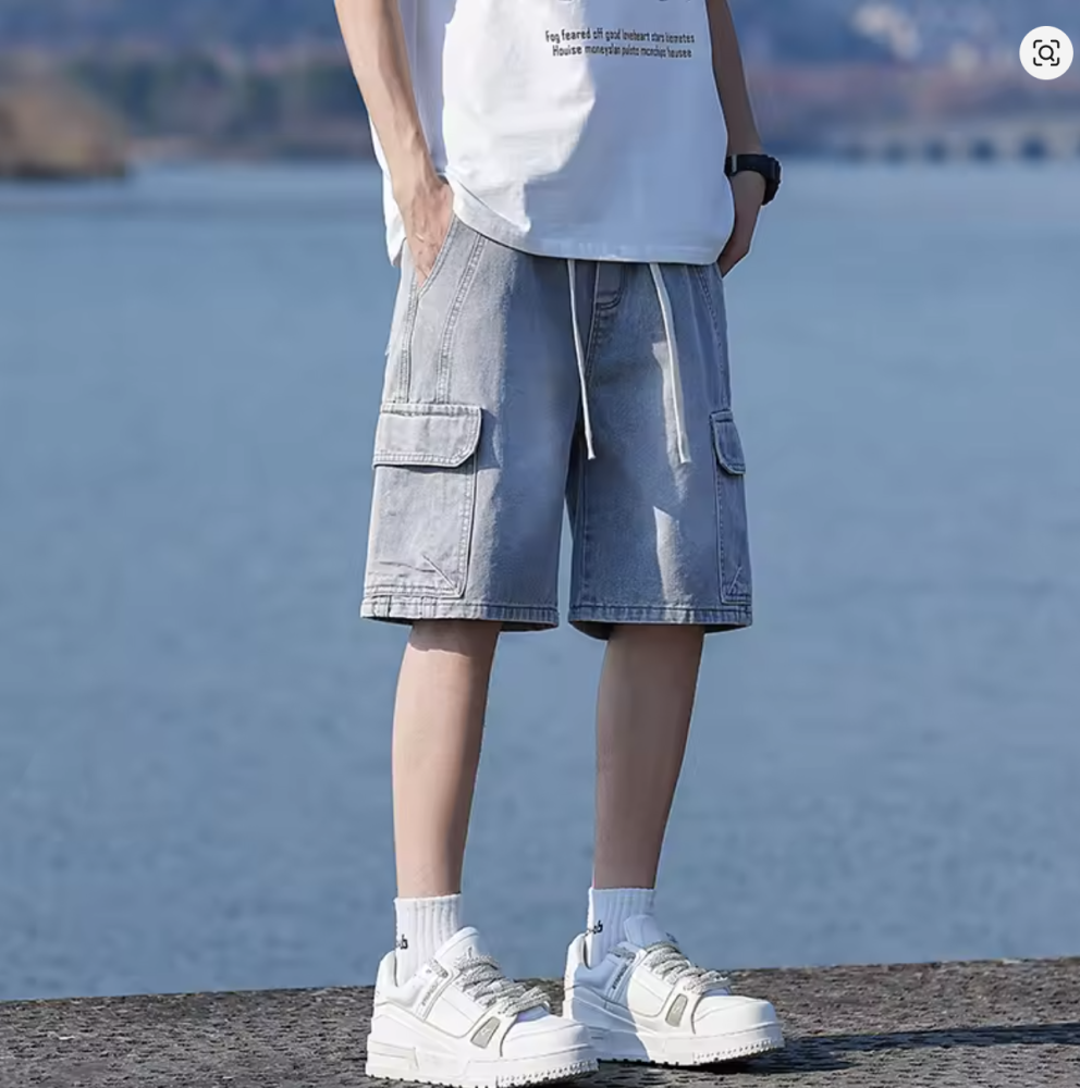 Vintage Blue Men's Denim Shorts Summer New Large Pocket Loose Wide Leg Cargo Jeans Knee Length Elastic Waist Casual Shorts