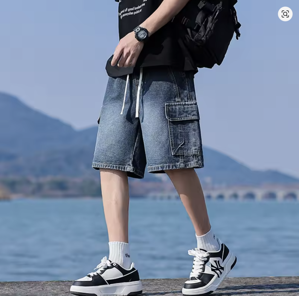 Vintage Blue Men's Denim Shorts Summer New Large Pocket Loose Wide Leg Cargo Jeans Knee Length Elastic Waist Casual Shorts