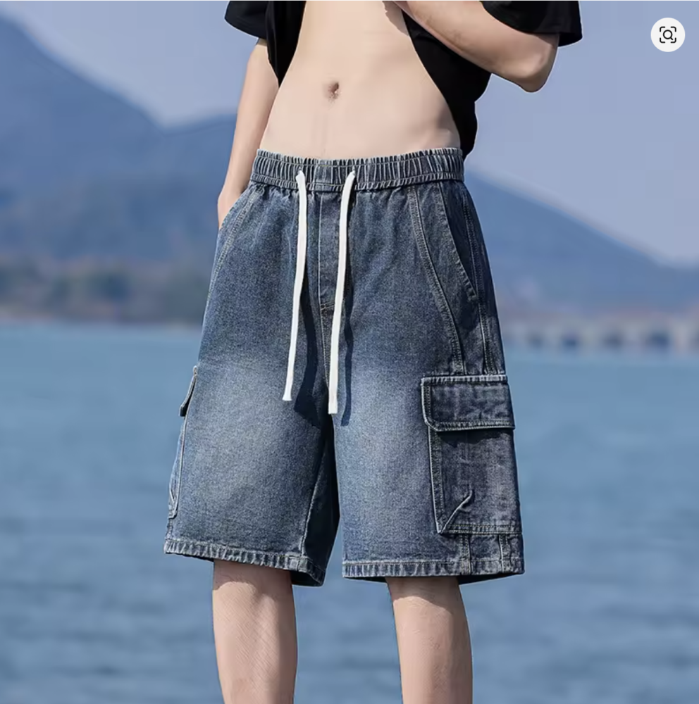 Vintage Blue Men's Denim Shorts Summer New Large Pocket Loose Wide Leg Cargo Jeans Knee Length Elastic Waist Casual Shorts